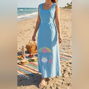 Vintage Denim Dress Women’s Size Small Festive Summer Drinks Patio Table NO